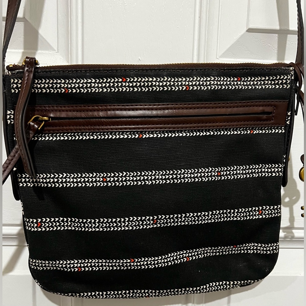 FOSSIL Fiona Crossbody Bag Black White   Geometric Pattern Brown Leather Strap